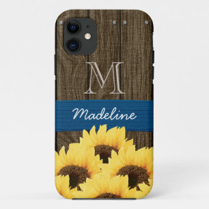 モノグラムので青く素朴なヒマワリ iPhone 11 ケース