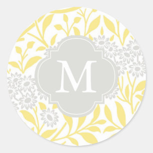 モノグラムので黄色い灰色の花のダマスク織パターン ラウンドシール