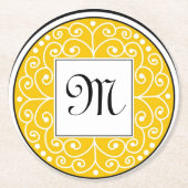 モノグラムので黄色い白黒はパターン渦巻きます ラウンドペーパーコースター (正面)