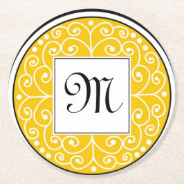 モノグラムので黄色い白黒はパターン渦巻きます ラウンドペーパーコースター