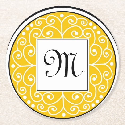 モノグラムので黄色い白黒はパターン渦巻きます ラウンドペーパーコースター (正面)