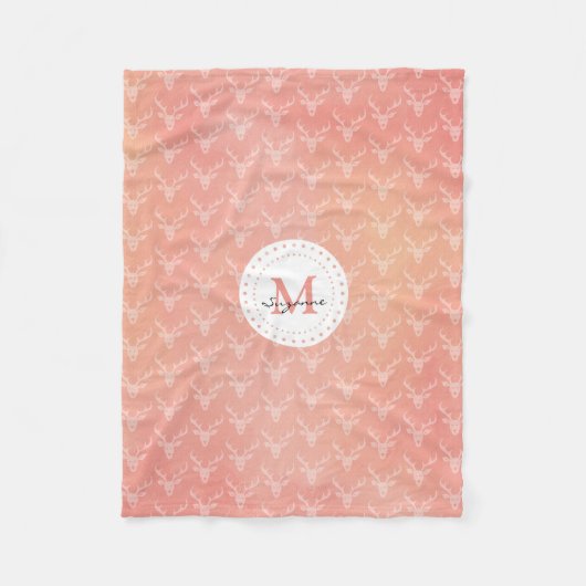 モノグラムのなかわいくガーリーなシカパターン フリースブランケット (正面)