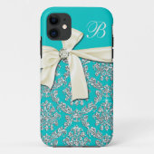 モノグラムのなエレガントな水の銀のダマスク織のダイヤモンドの弓 Case-Mate iPhoneケース (裏面)