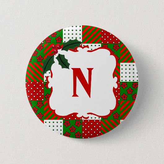 モノグラムのなクリスマスのキルトのパッチワーク 缶バッジ (正面)