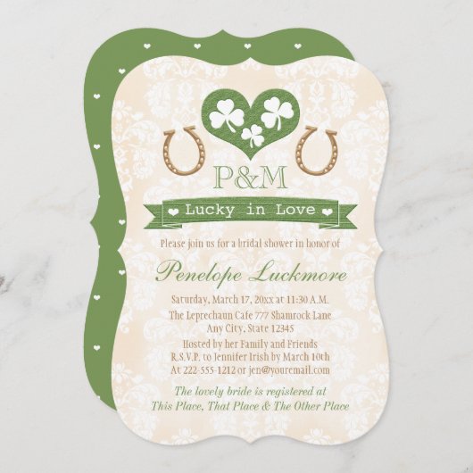 モノグラムのなシャムロックおよび蹄鉄のブライダルシャワー 招待状 (正面/裏面)