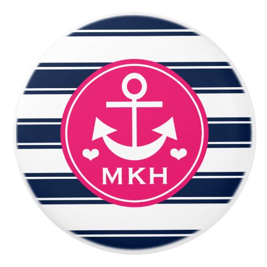 モノグラムのなショッキングピンクおよび海軍いかり セラミックノブ (正面)