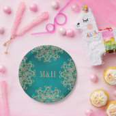 モノグラムのなティール(緑がかった色)および金ゴールドのインドのスタイルの結婚式 ペーパープレート (パーティー)