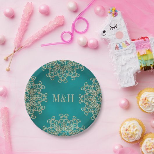 モノグラムのなティール（緑がかった色）および金ゴールドのインドのスタイルの結婚式 ペーパープレート (パーティー)