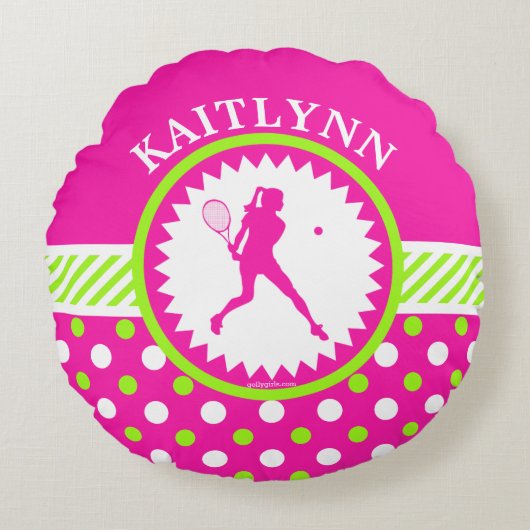 モノグラムのなテニスのピンク-緑の水玉模様 ラウンドクッション (正面)