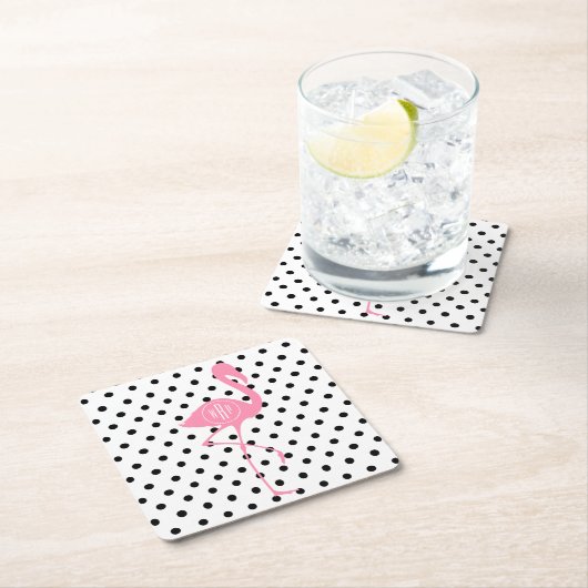 モノグラムのなピンクのフラミンゴ + 黒い水玉模様 スクエアペーパーコースター (インサイチュ)