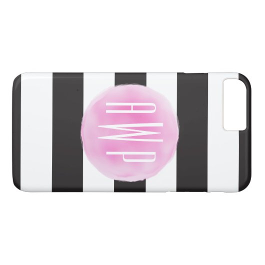 モノグラムのなピンクの水彩画の黒 + 白のストライプ Case-Mate iPhoneケース (裏面(横))