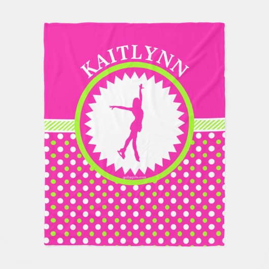 モノグラムのなフィギュアスケート選手のピンク-緑の水玉模様 フリースブランケット (正面)