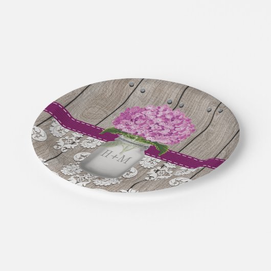 モノグラムのなメーソンジャーのプラムアジサイの結婚式 ペーパープレート (アングル)