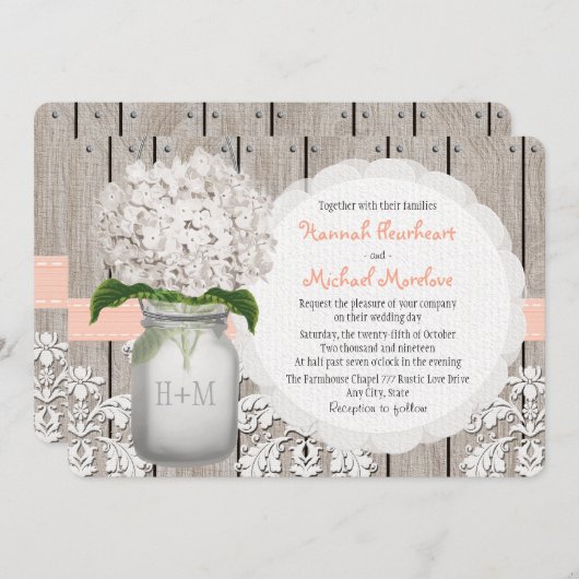 モノグラムのなメーソンジャーのモモのアジサイの結婚式 招待状 (正面/裏面)