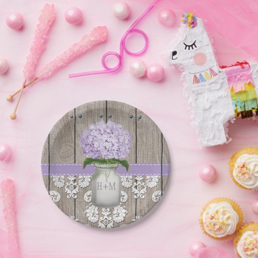 モノグラムのなメーソンジャーの紫色のアジサイの結婚式 ペーパープレート (パーティー)