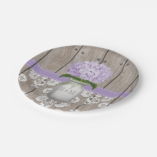 モノグラムのなメーソンジャーの紫色のアジサイの結婚式 ペーパープレート (アングル)