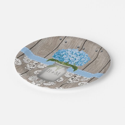 モノグラムのなメーソンジャーの青いアジサイの結婚式 ペーパープレート (アングル)