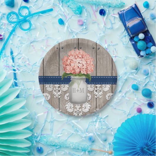モノグラムのなメーソンジャー珊瑚海軍アジサイの結婚式 ペーパープレート (パーティー)