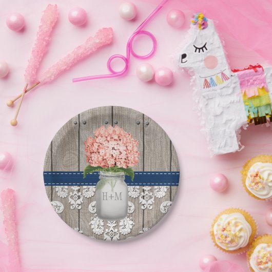 モノグラムのなメーソンジャー珊瑚海軍アジサイの結婚式 ペーパープレート (パーティー)