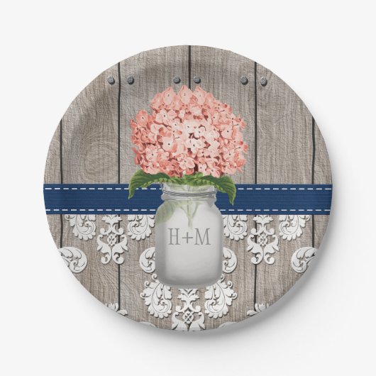 モノグラムのなメーソンジャー珊瑚海軍アジサイの結婚式 ペーパープレート (正面)