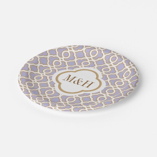 モノグラムのなラベンダーおよび金ゴールドのモロッコの結婚式 ペーパープレート (アングル)