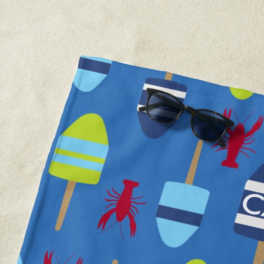 モノグラムのなロブスターのブイの航海のなビーチハウスのおもしろい ビーチタオル (インサイチュ)