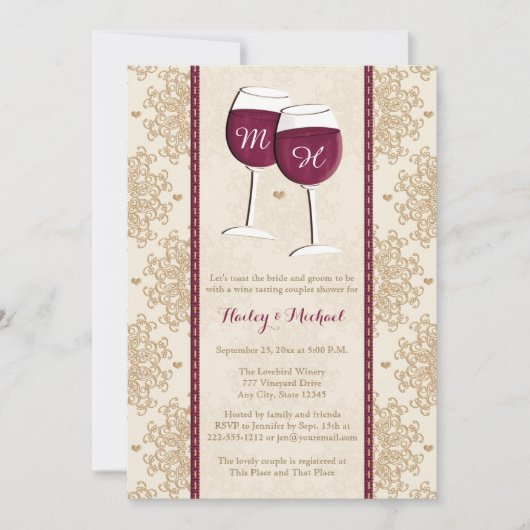 モノグラムのなワイングラスのカップルのウェディングシャワー 招待状 (正面)