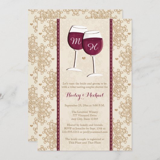 モノグラムのなワイングラスのカップルのウェディングシャワー 招待状 (正面/裏面)