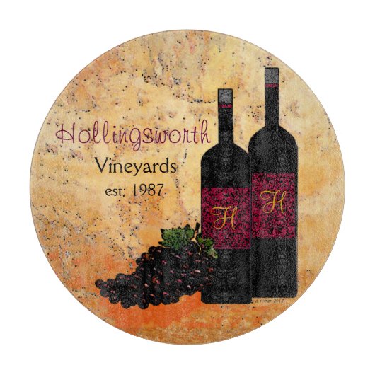 モノグラムのなワイン・ボトルおよびブドウ カッティングボード (正面)