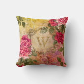 モノグラムのなヴィンテージのローズピンクの花のダマスク織 クッション (正面)