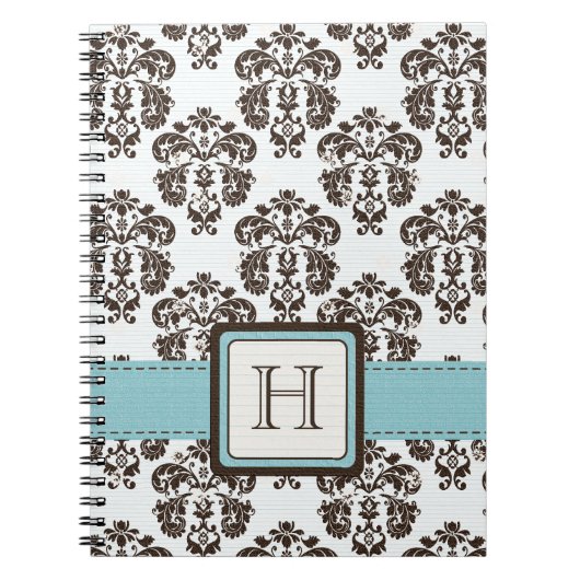 モノグラムのな卵の殼の茶色がかった鋼色のダマスク織の螺線形のノート ノートブック (正面)