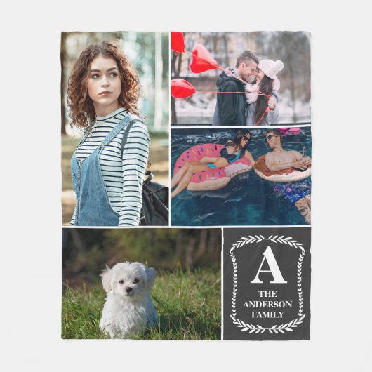 モノグラムのな及び示されるパーソナライズな4つの写真のコラージュ フリースブランケット (正面)