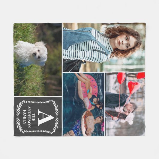 モノグラムのな及び示されるパーソナライズな4つの写真のコラージュ フリースブランケット (正面(横))