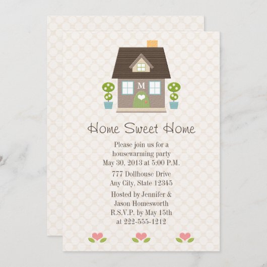 モノグラムのな家の甘い家の引っ越し祝いパーティーのパーティー 招待状 (正面/裏面)