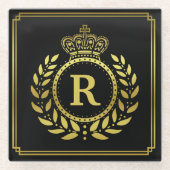 モノグラムのな月桂樹のリースの王冠のDecoの黒い金ゴールド ガラスコースター (正面)