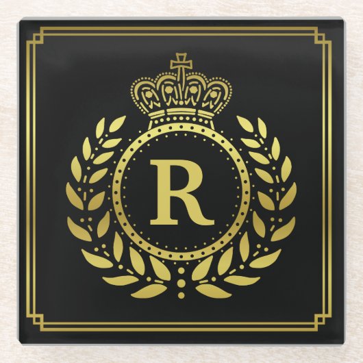 モノグラムのな月桂樹のリースの王冠のDecoの黒い金ゴールド ガラスコースター (正面)