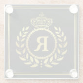 モノグラムのな月桂樹のリースの王冠のDecoの黒い金ゴールド ガラスコースター (裏面)