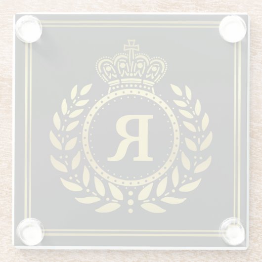 モノグラムのな月桂樹のリースの王冠のDecoの黒い金ゴールド ガラスコースター (裏面)