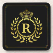 モノグラムのな月桂樹のリースの王冠のDecoの黒い金ゴールド コースター (正面)