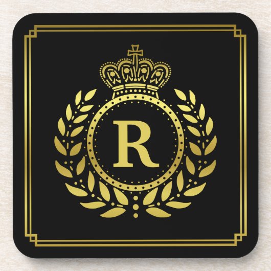 モノグラムのな月桂樹のリースの王冠のDecoの黒い金ゴールド コースター (正面)