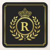 モノグラムのな月桂樹のリースの王冠のDecoの黒い金ゴールド スクエアペーパーコースター (正面)