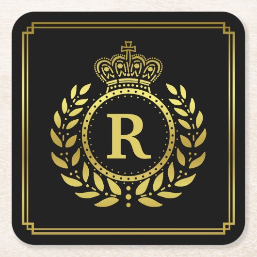 モノグラムのな月桂樹のリースの王冠のDecoの黒い金ゴールド スクエアペーパーコースター (正面)