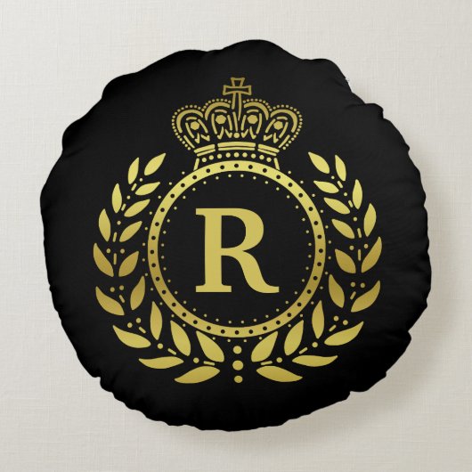 モノグラムのな月桂樹のリースの王冠のDecoの黒い金ゴールド ラウンドクッション (裏面)
