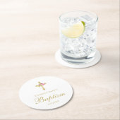 モノグラムのな洗礼の金ゴールドの十字のピンクのバラの花柄 ラウンドペーパーコースター (インサイチュ)