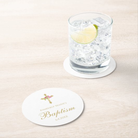 モノグラムのな洗礼の金ゴールドの十字のピンクのバラの花柄 ラウンドペーパーコースター (インサイチュ)