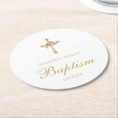 モノグラムのな洗礼の金ゴールドの十字のピンクのバラの花柄 ラウンドペーパーコースター (アングル)