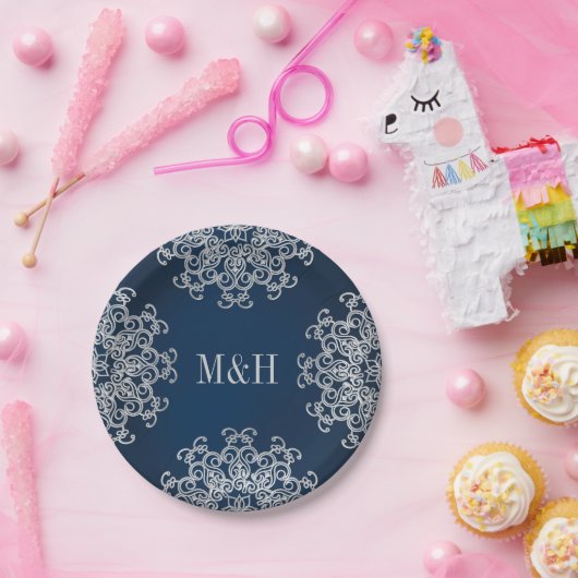 モノグラムのな海軍および銀のインドのスタイルの結婚式 ペーパープレート (パーティー)