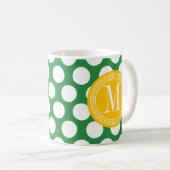モノグラムのな深緑色及び黄色く大きい水玉模様 コーヒーマグカップ (正面右)