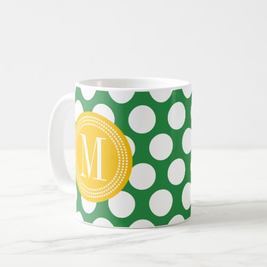モノグラムのな深緑色及び黄色く大きい水玉模様 コーヒーマグカップ (正面左)