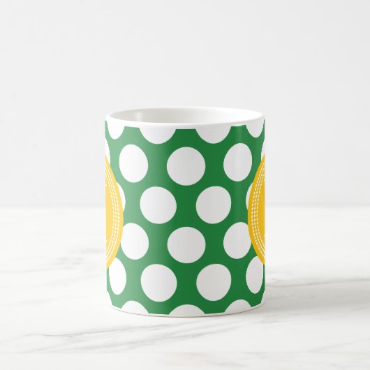 モノグラムのな深緑色及び黄色く大きい水玉模様 コーヒーマグカップ (中央)